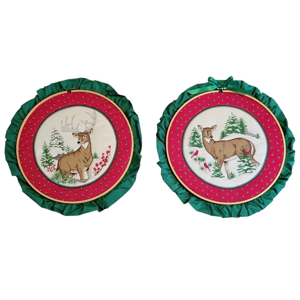 Christmas Deer Handmade Hoop Art Buck Doe Winter Wall Art Vintage 17.5"